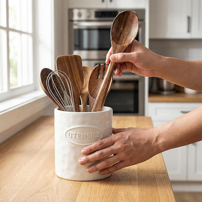White Utensil Holder Set of 2 Ceramic Cooking Utensil Crock Modern Kitchen