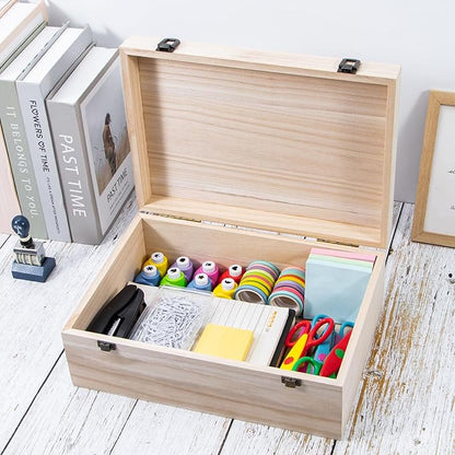 Wooden Storage Box Container with Hinged Lid and Front Clasp, 12.2''x8.6''x4.7'' Large Wooden Box, Wood Boxes Wood Gift Boxes for Crafts Art Hobbies and Valentine's Day Decoration