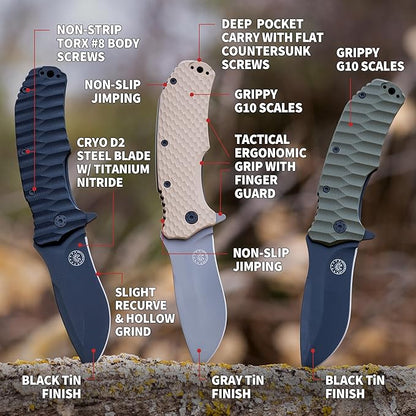 Off-Grid Knives - Rapid Fire Blackout - Large Folding Knife for Camping & EDC, Cryogenic D2 Blade Steel, Titanium Nitride Coating with G10 Scales & Deep Carry Clip
