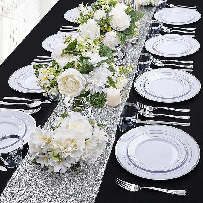 bUCLA 600pcs Silver Plastic Dinnerware Set for 100 Guests - Silver Christmas Dinnerware Set Disposable for Party - Include 100 Dinner Plates,100 Dessert Plates,100Cups,100 Knives,100 Forks,100 Spoons