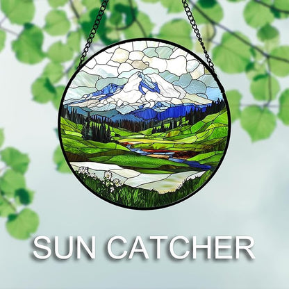 DASTOLL Stained Glass Window Hanging 4 Pcs Set Mountains Lake Green White
