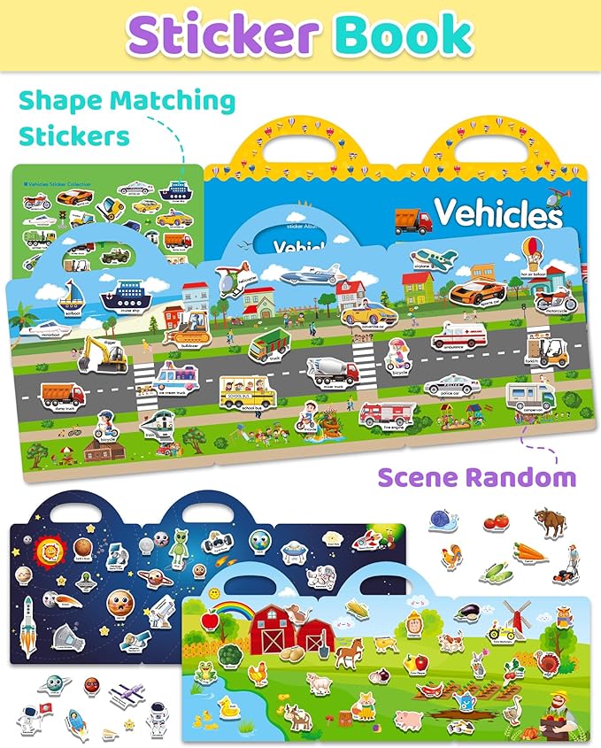 Benresive Reusable Sticker Books for Kids 2-4, Sticker Books for Toddlers 1-3 2-4, Toddler Travel Toys Activities Crafts Gifts - Farm, Space and Vehicle