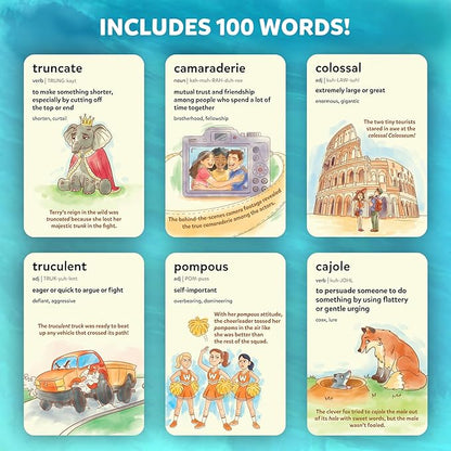 Skillmatics Vocabulary Flash Cards for Kids - Learn 100 Words with Wordplay, Visuals & Soundplay, Christmas Stocking Stuffers, Educational Gifts for Ages 10, 11, 12, & Up, Screen-Free Language Game