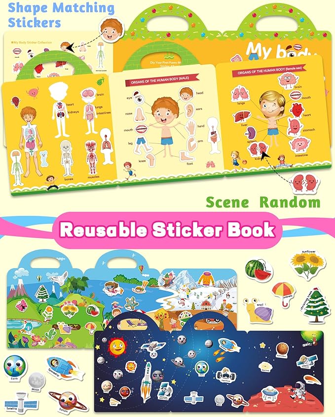Reusable Sticker Book for Toddlers 2-4 Years, Stickers for Kids, Toddler Sticker Book Ages 1-3, Toddler Craft Activities, Toddlers Travel Toys Ages 2+ Boy Girl Birthday Gifts