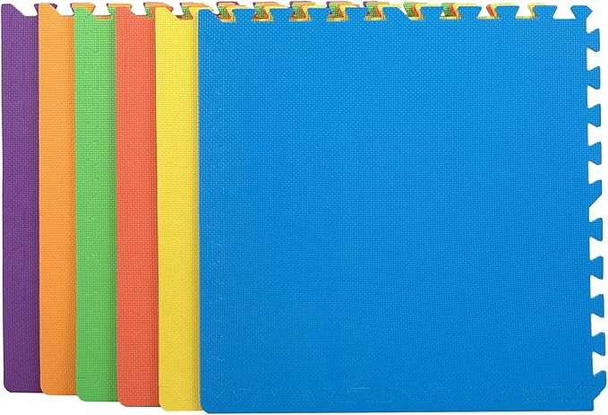 FlooringInc's Rainbow & Natural Harmony Playmat - Kid Safe Foam Floor Tiles with Removable Edges - 2'x2', 1/2" Thick (Rainbow, 24 Tile Pack)