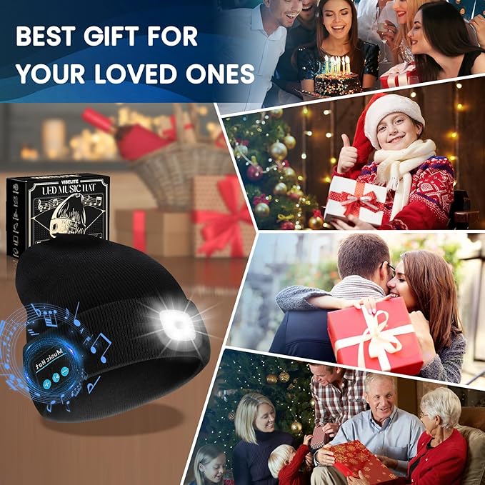 VIBELITE Bluetooth Beanie Hat with Light, USB Rechargeable LED Headlamp with Wireless Headphones, Gifts for Men, Him, Husband, Boyfriend, Dad Gifts for Dad, Husband, Father, Black