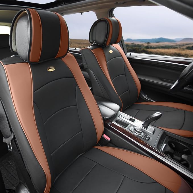 FH Group Car Seat Cover Cushion - 2 Pack Seat Covers for Cars Trucks SUV,) Faux Leather Car Seat Cushions, Waterproof Car Seat Cover Cushion, Universal Fit Car Seat protector Front Set Brown
