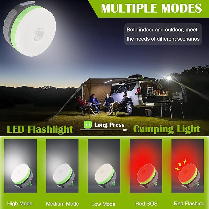 LIT-PaTH LED Camping Lantern, Rechargeable Light with Magnet Base, 2200 mAh, Survival Kit for Emergency, Hurricane, Outage, Medium Green, 2 Pack