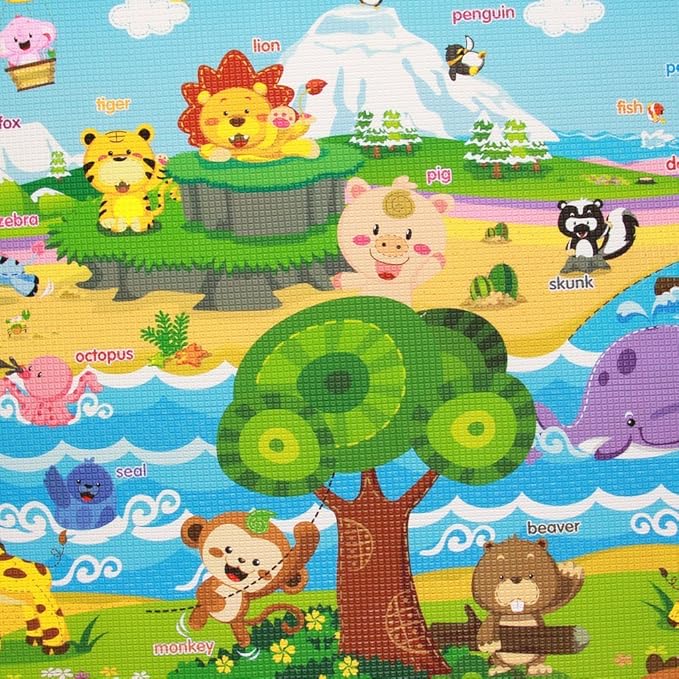 Baby Care Play Mat (Large, Playful - Pinko & Friend) 82'' x 55'' Original One-Piece Reversible Rollable Waterproof Play Mat for Infants, Babies, Toddler, and Kids