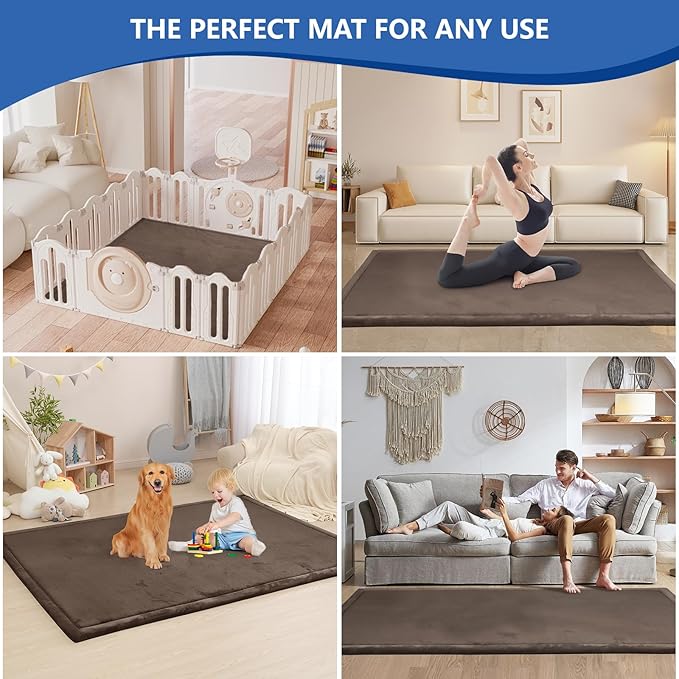 Baby Play Mat for Floor,1.3" Thick Memory foam Tummy Time Mat,Water Repellent Soft Velvet Nursery Rug,Extra Large Non Slip for Crawling,Toddlers,Infants,kids,Tatami Style for Living Room(Dark Brown)