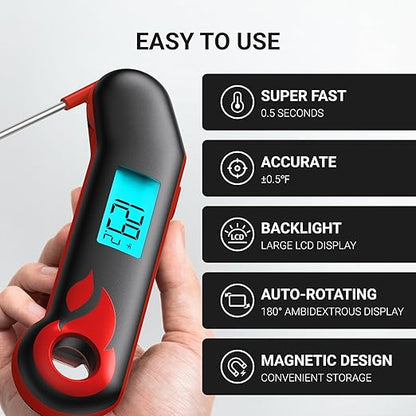 ThermoMaven Professional Meat Thermometer, Instant Read in 0.5 Sec, NIST Certified Accuracy ±0.5°F, IP67 Waterproof, Ambidextrous Backlight & Auto-Rotating Display, for BBQ/Grill/Cooking, Black&Red