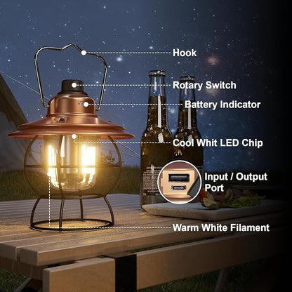 LED Camping Lantern Rechargeable Dimmable, Portable Vintage Outdoor Lantern 2700-6500K Waterproof, Hanging Retro Lamp Indoor Outdoor for Garden, Hiking, Emergency, Copper
