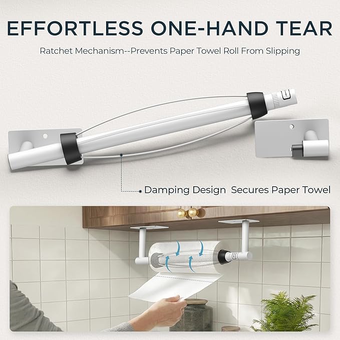 FORIOUS Paper Towel Holder Under Cabinet, Single Hand Operable
