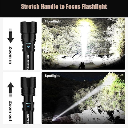 SKYFIRE LED Flashlights High Lumens,2000lm Super Bright Rechargeable Flashlight with Ignition Lens, Zoomable,Output,Waterproof Flash Light for Camping Essentials,Outdoor and Home(Black)