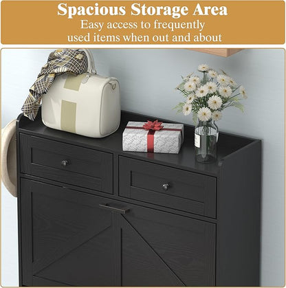 Shoe Cabinet with 3 Flip Drawers & 2 Storage Drawers, Rustic Farmhouse Narrow