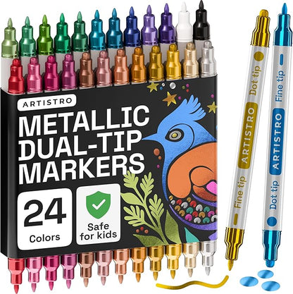 ARTISTRO 24 Metallic Acrylic Paint Markers for Rock, Fabric, Wood, Glass, Craft, Decoration - Dual-Tip Paint Pens - Stocking Stuffers, Christmas Gift Idea for Teens, Grandkids, Kids - Art Supplies