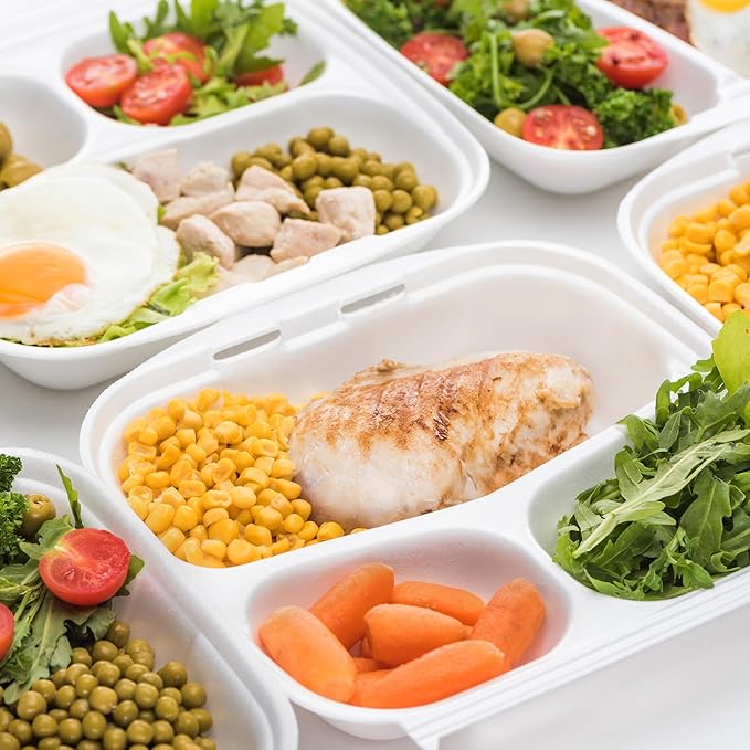 Freshware Compostable Clamshell Food Containers 3-Compartment 50-Pack,