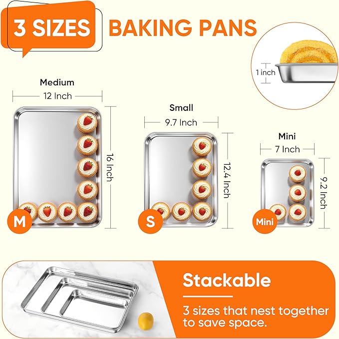 LIANYU 3 Pack Stainless Steel Baking Sheets, Cookie Sheet Pan