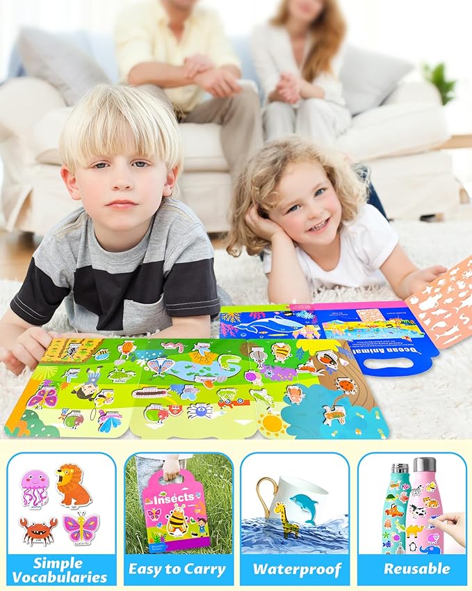 Reusable Sticker Book for Toddlers 2-4 Years, Stickers for Kids, Toddler Sticker Book Ages 1-3, Toddler Craft Activities, Toddlers Travel Toys Ages 2+ Boy Girl Birthday Gifts