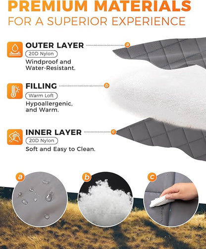 KingCamp Ultralight Camping Blanket, Packable Down Alternative Puffy Wearable Blankets Weatherproof Warm Package Quilt with Snap Buttons for Outdoor Hiking Travel Picnic Stadium (69" x 53", Charcoal)