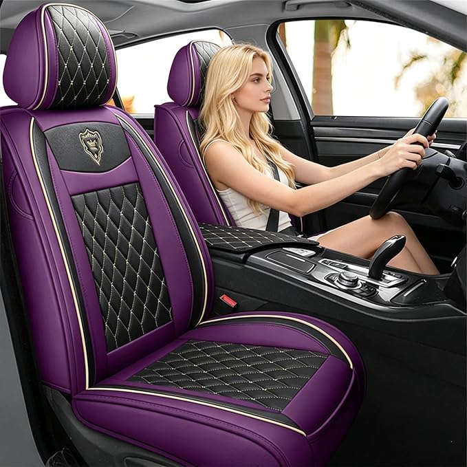 Car Seat Covers Front Seats, Super Luxurious Heavy Universal Duty Waterproof Leather Automotive Vehicle Cover for Cars SUV Pick-up Truck, Non-Slip Seat Pink Car Accessories (2 PCS Front/Purple)