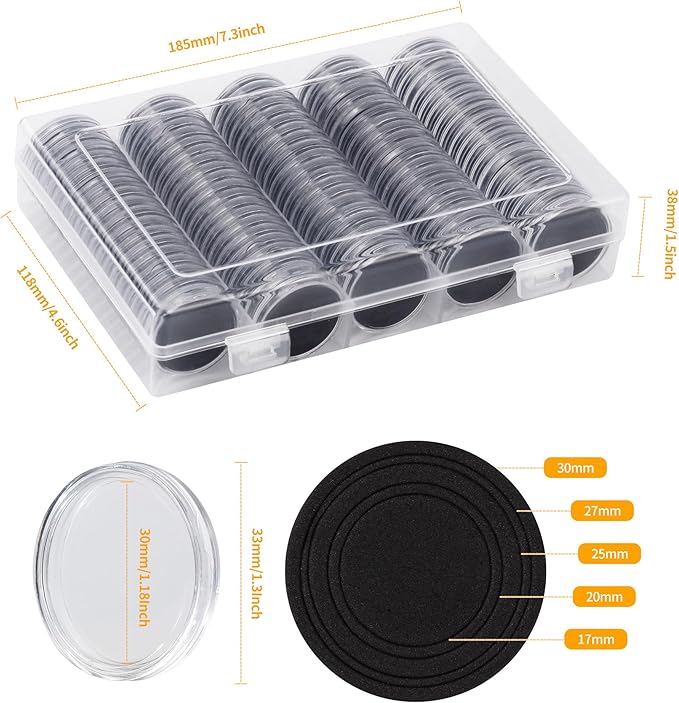 100Pcs 30mm Coin Holders with 5-Size Foam Gasket, Plastic Coin Capsules for Collectors, Clear Coin Case with Storage Organizer Box for Coin Collection Supplies, Black Gasket 17/20/25/27/30mm