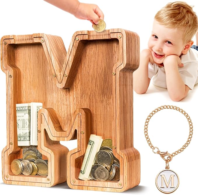 SummiDate Wooden Letter Piggy Bank| Piggy Bank for Boys Girls Toddler| Alphabet M Money Bank| Coin Bank Birthday Gift for Kids|Birthday Gift for Kids (M)