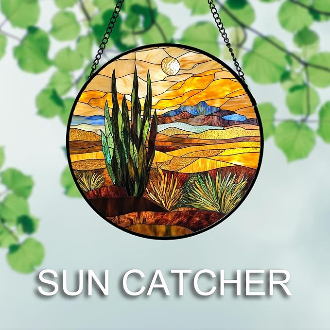 DASTOLL Stained Glass Window Hanging 4 Pcs Set Desert Sunset Theme Landscape