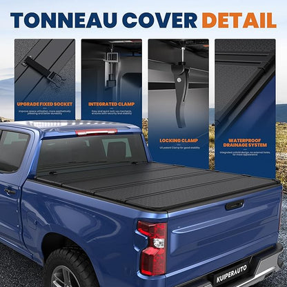 KUIPERAUTO 5.8FT Quad Hard Truck Bed Tonneau Cover Compatible for 2019-2025 2026 Chevrolet Silverado GMC Sierra 1500 (2019 New Body) - 69.6 inch - W/o Multi-Flex Tailgate and Carbonpro