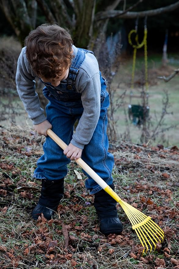 JustForKids Kids Garden Tool Set Toy, Rake, Spade, Hoe and Leaf Rake, reduced size , made of sturdy steel heads and real wood handle, 4-Piece, Multicolored, 5yr+