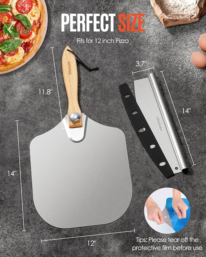 Pizza Peel Aluminum Pizza Spatula, Mooues 12 inch Metal Pizza Paddlewith Rocker