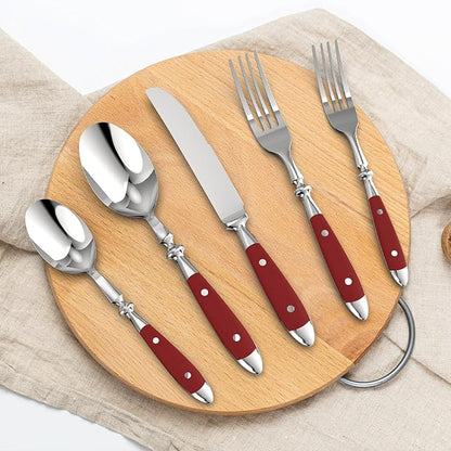 Retro 20-Piece Silverware Set, 304 Riveted Stainless Steel Flatware Set, Vintage Cutlerywith Red Bakelite Handle, Dishwasher Safe| Service for 4