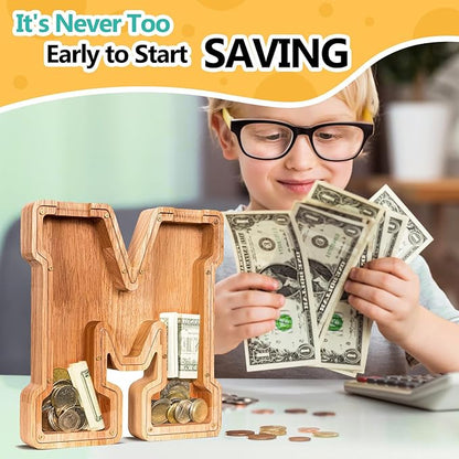 SummiDate Wooden Letter Piggy Bank| Piggy Bank for Boys Girls Toddler| Alphabet M Money Bank| Coin Bank Birthday Gift for Kids|Birthday Gift for Kids (M)
