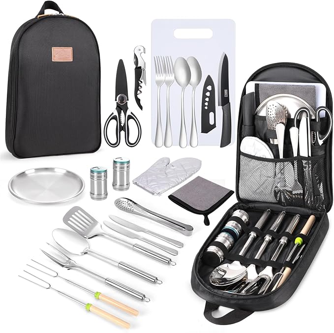 Portable Camping Kitchen Utensil Set-27 Piece Cookware Kit, Stainless Steel Outdoor Cooking and Grilling Utensil Organizer Travel Set Perfect for Travel, Picnics, RVs, Camping, BBQs, Parties and More