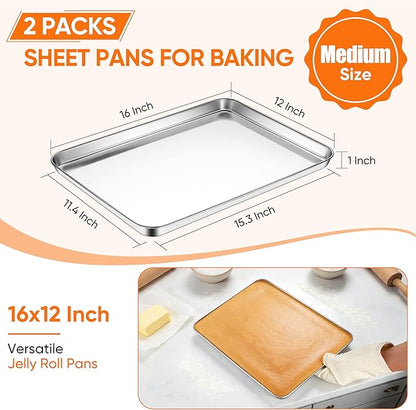 LIANYU 2 Pack Cookie Sheets for Baking, Stainless Steel Baking Tray Pan