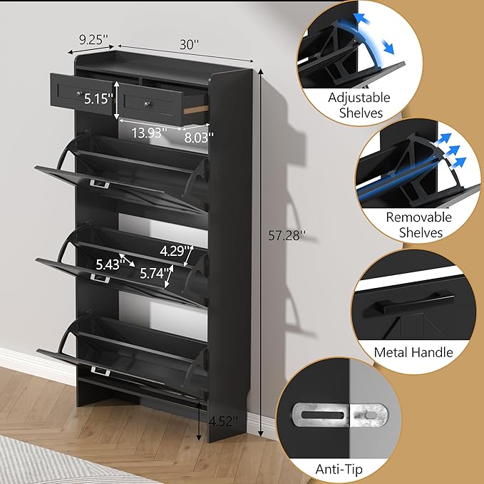 Shoe Cabinet with 3 Flip Drawers & 2 Storage Drawers, Rustic Farmhouse Narrow