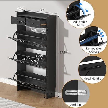 Shoe Cabinet with 3 Flip Drawers & 2 Storage Drawers, Rustic Farmhouse Narrow