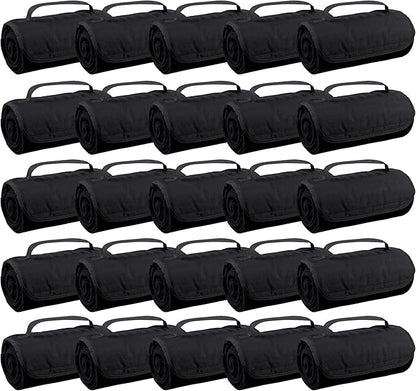 25 Ct of Roll-Up Blankets for Camping, Travel, Outdoors, Beach, Picnics – Black – Hook + Loop Closure for Easy Use in Cars & on Airplanes – Customizable for Promotions & Events