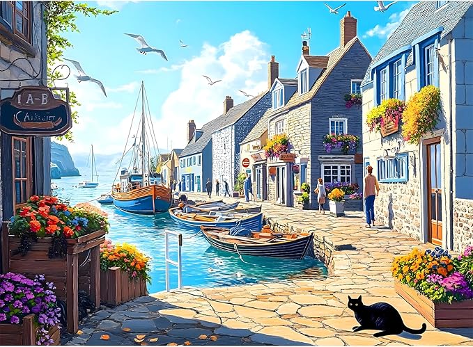 500 Piece Puzzle for Adults, Charming Coastal Village 500 Pieces Jigsaw Puzzles, Seaside Harbor with Cat Puzzle, Perfect for Family Game Night, Ideal Gift for Adults, Kids, Seniors, 20.5 x 15 in