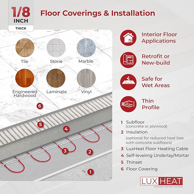 LuxHeat 60sqft Floor Heating Cable Kit - 120v Underfloor Heating System -