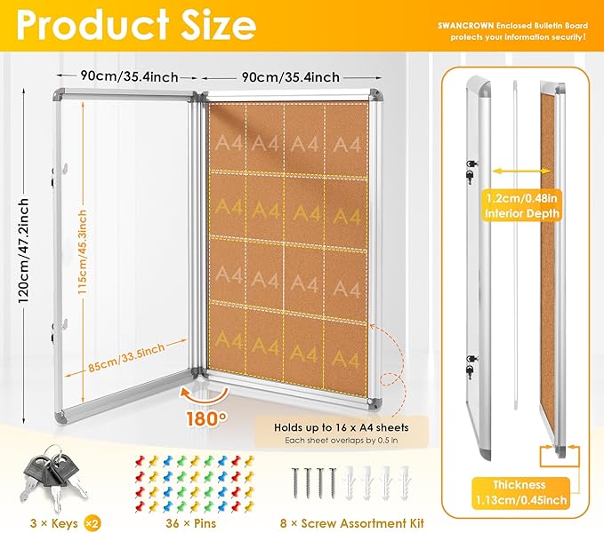 SWANCROWN Enclosed Bulletin Board 48x36 in, Tamperproof Lockable Cork Board