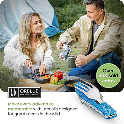 Orblue 4-in-1 Camping Eating Utensils, 2-Pack - Portable Spoon, Fork, Knife & Bottle Opener Combo Set - Stainless Steel Flatware with Detachable Fork - Travel, Backpacking Cutlery Multitool, Blue