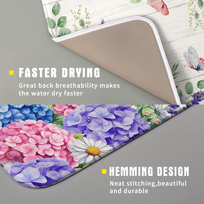 Hydrangea Floral Dish Drying Mat 16x18 inch Spring Summer Decorative Fast Dry