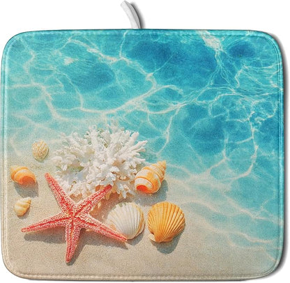Giwawa Coastal Starfish Dish Drying Mat 16"x18" Ocean Blue Sea Coral Seashell