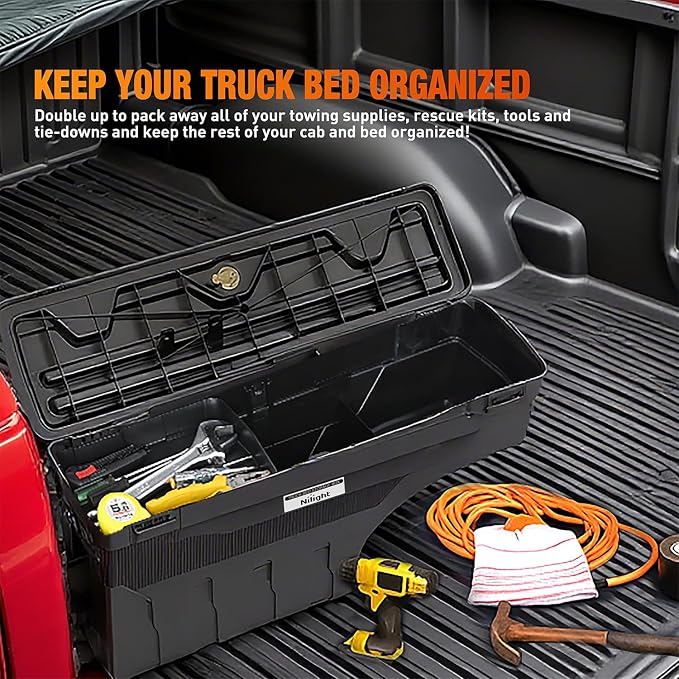 Nilight Truck Bed Tool Box Left Drivers Side Truck Tool Box Fit for Ford F-250/350 Super Duty 2017-2021 ABS Swing Case Truck Bed Storage Box with Lockable Lid Waterproof Wheel Well Toolbox Black