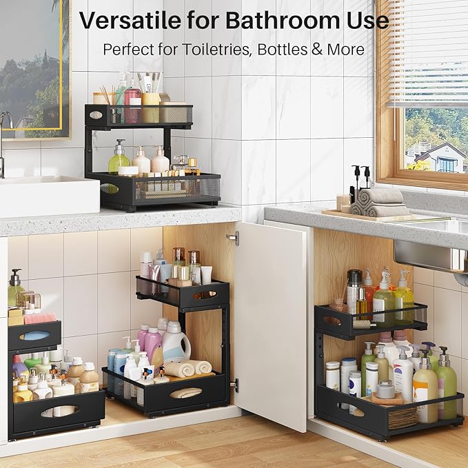 Under Sink Organizer, 2 Pack 2 Tier Pull Out Under Cabinet Organizer Shelf
