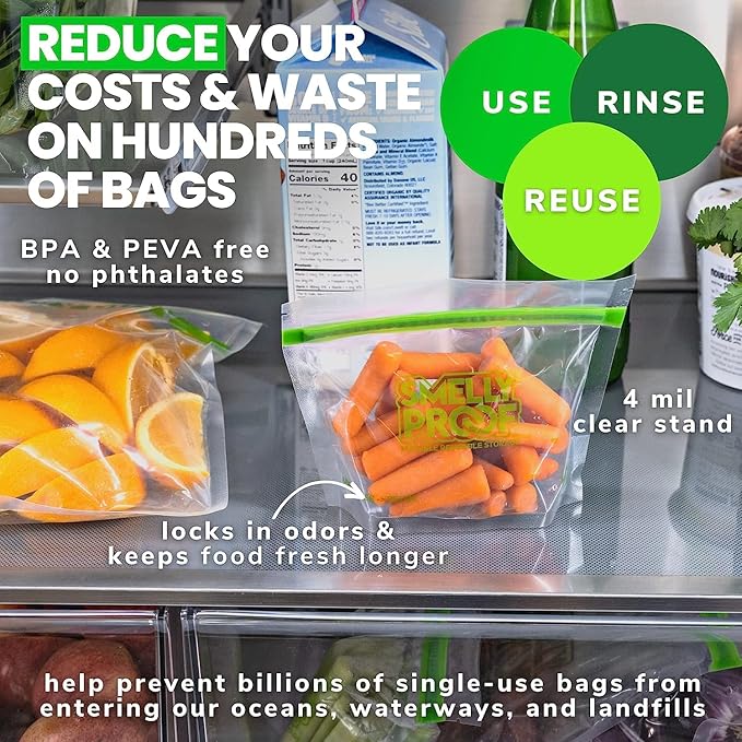 Smelly Proof 15 x Expandable Stand-Up & Fill REUSABLE Storage Bags for Food Designed & Mfg in US, BPA FREE, NO PEVA, Reusable Snack Bags, Dishwasher-Safe, Clear 3 mils STAND & FILL 6" x 4" - 15pk