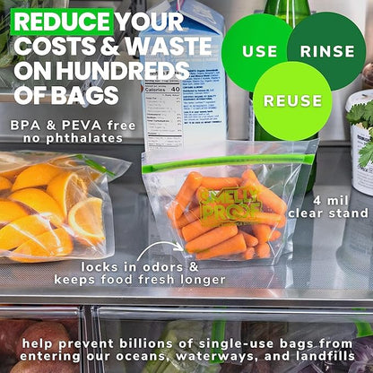 Smelly Proof 15 x Expandable Stand-Up & Fill REUSABLE Storage Bags for Food Designed & Mfg in US, BPA FREE, NO PEVA, Reusable Snack Bags, Dishwasher-Safe, Clear 3 mils STAND & FILL 6" x 4" - 15pk
