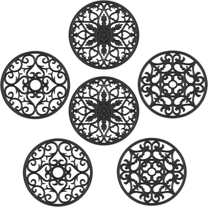 SMARTAKE 6 Set Silicone Trivet Mats, Multi-Use Intricately Carved Coasters, Insulated Non-Slip Durable Kitchen Mats, Flexible Modern Kitchen Table Mat, for Hot Dishes, Pots, Countertop (Black)
