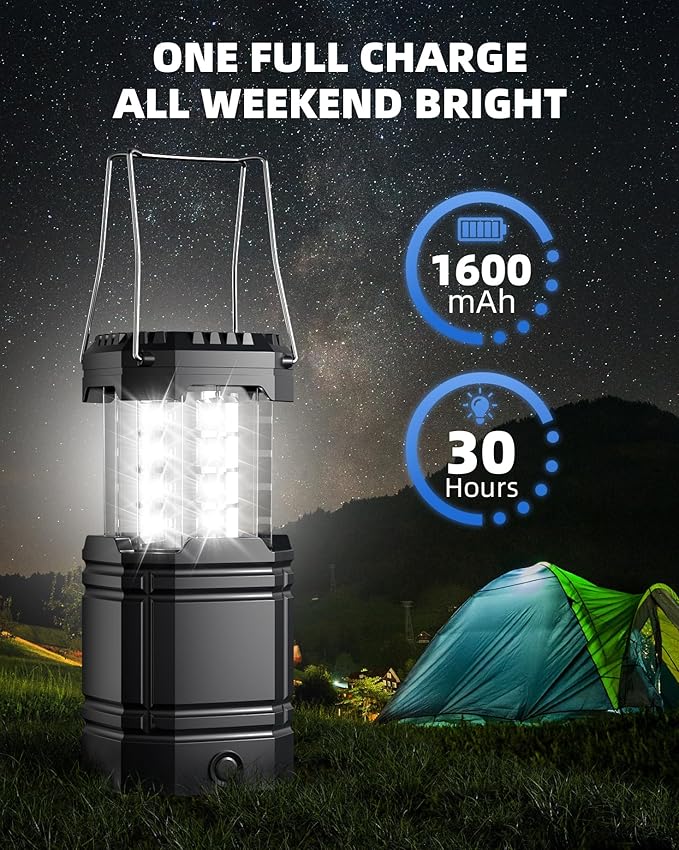 4 Pack Solar Camping Lantern with 1600mAh Rechargeable Battery, 30-Hour Runtime, 360° LED Tent Light & Super Bright Flashlight, Compact & Portable for Hiking, Emergency, Outdoor